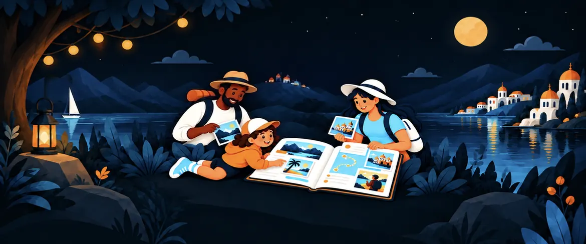 An illustrated family lying on a hillside at night, reading an open travel book together; a lantern, a moonlit bay and a village in the background.