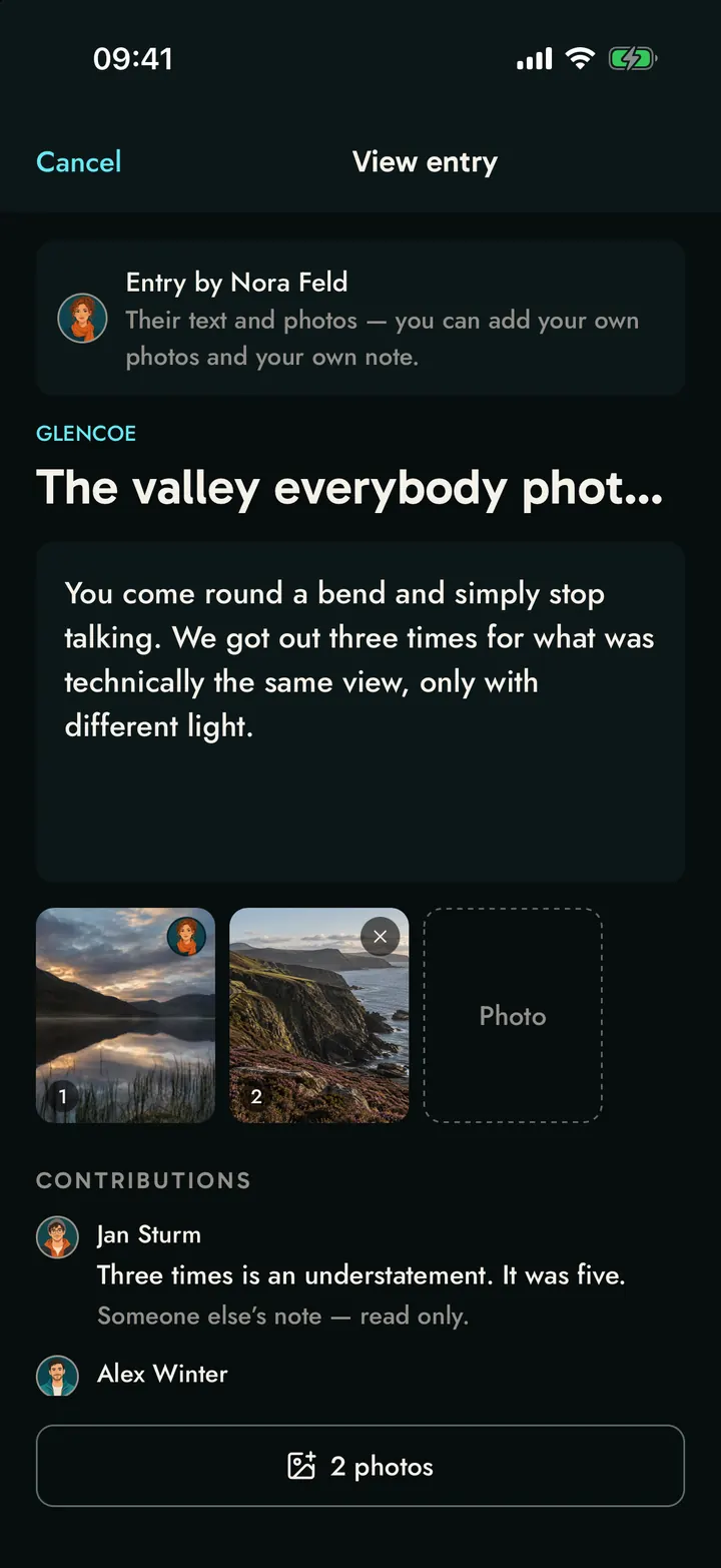 An entry written by another traveller, marked as their text and photos and shown read-only.