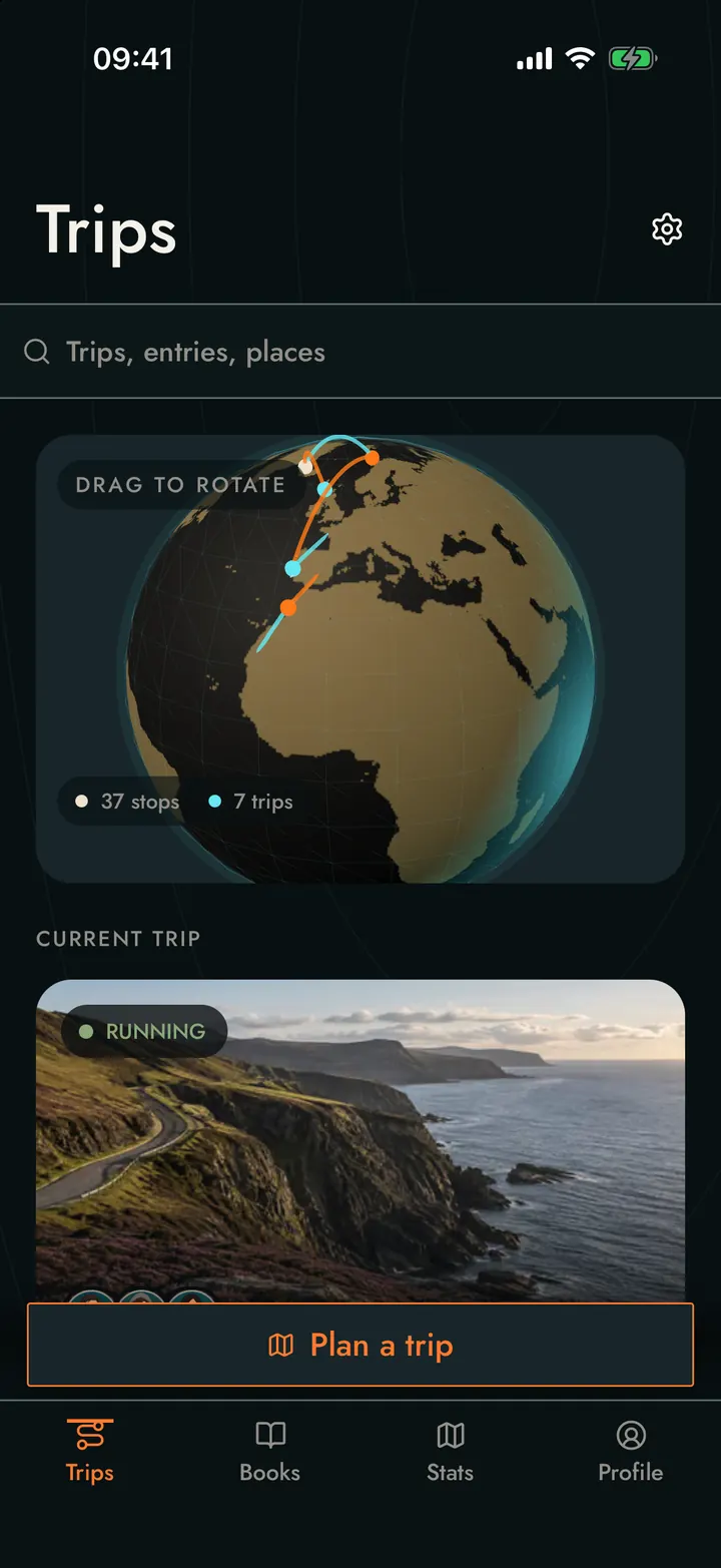 The Trips screen: a rotatable globe with the visited stops marked, above a counter showing 37 stops across 7 trips.