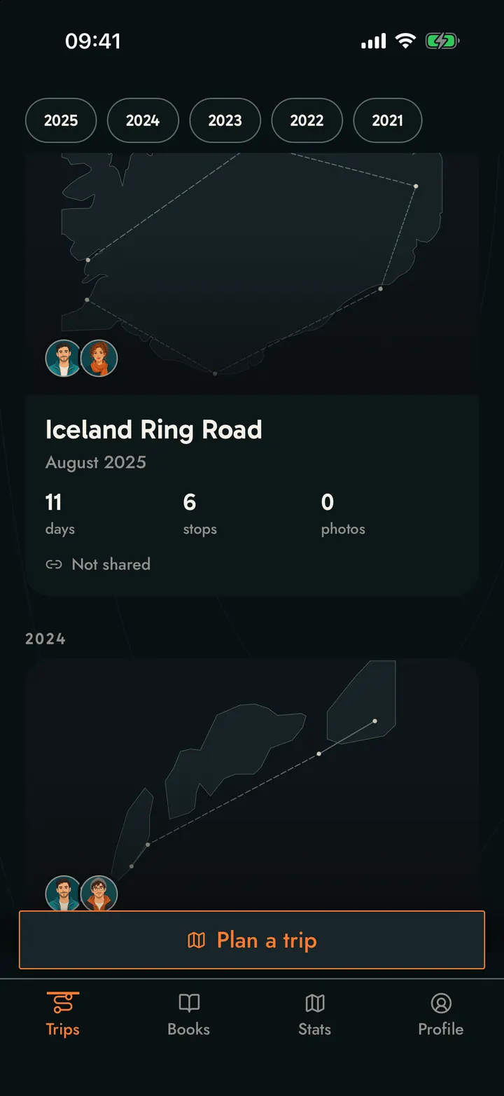 A list of trips grouped by year, each with its drawn route as a small map preview.